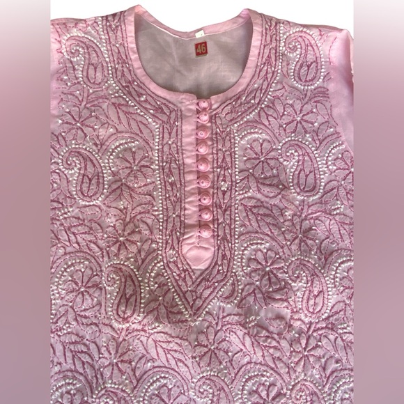 Chikankari Hand-Embroidered Straight Pink Kurti Tunic size 42, US L. NEW - Picture 12 of 16
